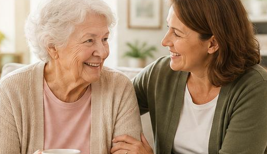 A carer and an older woman smiling together over a cup of tea